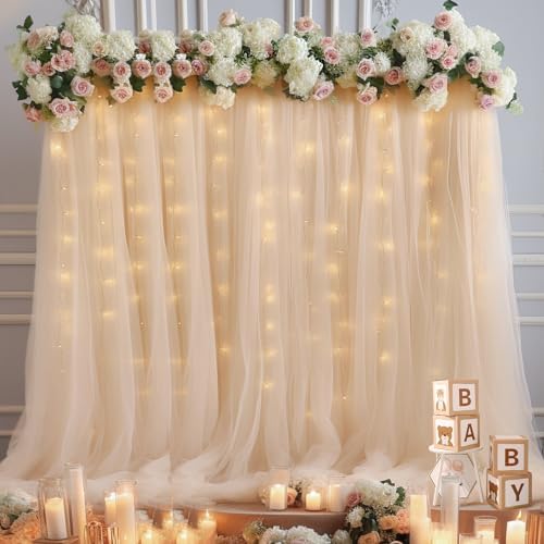 30x10ft Champagne Tulle Backdrop Curtain with Lights String for Parites, Sheer Backdrop Curtains for Wedding Baby Shower Birthday Party Photo Shoot Decorations - Image 3