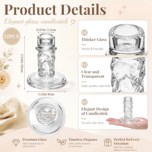 Mumufy 12 Pcs Glass Crystal Taper Candle Holders, 4 Inch Clear Glass Candlestick Holder Fit 0.8 Inch Candles, Crystal Decorative Candle Stand Centerpiece for Wedding, Dining Room, Party(Ice Patterns) - Image 2
