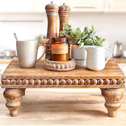 Felt Creative Home Goods Decorative Wood Risers for Decor | Tiered Tray Stand | Farmhouse Beaded Riser Stand for Decor | Wooden Pedestal Stand Large 12x16 Beaded Tray for Kitchen Coffee Bar (Brown) by FeltCreativeHomeGoods