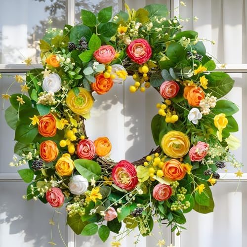 Spring Summer Wreaths for Front Door Outside 24 Inch, Summer Wreath Outdoor with Lotus and Berries, Green Floral Door Wreath for All Season Home Wall Wedding Farmhouse Holiday - Image 2