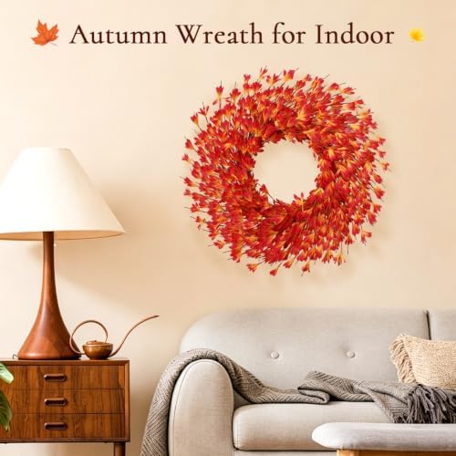 26 Inch Fall Wreath for Front Door, Autumn Thanksgiving Decor (Orange) - Image 6