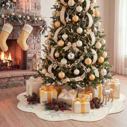 Hollowfly Creamy White Velvet Christmas Tree Skirt, Sequin Snowflake 48'' - Image 6