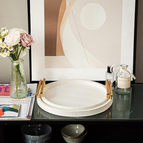 2 Piece White Round Serving Tray with Handles, Woven-Texture Faux Leather Ottoman Tray for Living Room, Decorative Tray for Coffee Table Home Decor - Image 7