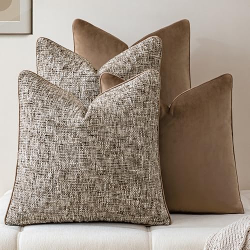 a moment Brown 4 Pack Throw Pillow Covers - Chenille & Velvet Set with Piping, Farmhouse Textured Design Pillow Cases for Couch Sofa Bed Livingroom (22x22 Inch, No Insert) by amoment