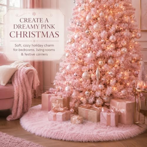 AOGU 60 Inch Faux Fur Christmas Tree Skirt Pink Plush Skirt for Merry Christmas Party Christmas Tree Decoration - Image 3