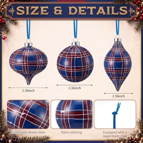 12 Pcs 2.36in Christmas Scottish Tartan Ball Ornaments, Blue - Image 2