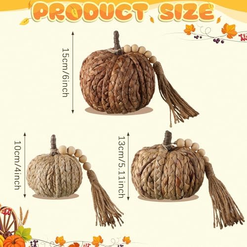 Wesiti 3 Pcs Rattan Pumpkin Decor with Tassel Beads Neutral Fall Decor - Image 2