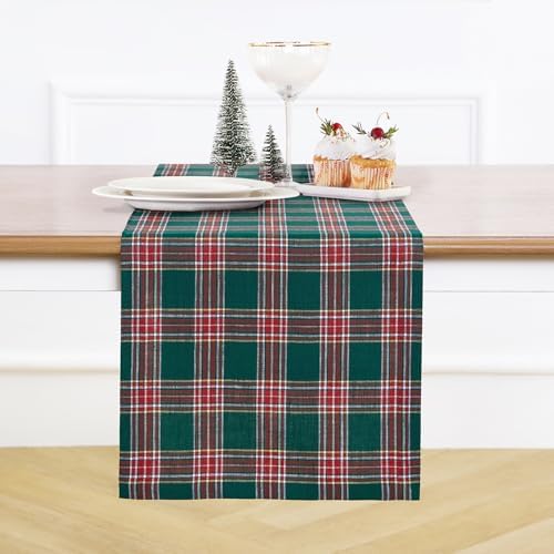 Solino Home 100% Pure Linen Dining Table Runner Green Plaid, 14 x 60 in by SolinoHome