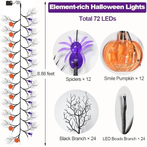 Halloween Decor Lights 8.86FT 72 LED Willow Vine Twig with Timer Battery Operated Garland Lights with Orange Pumpkins Purple Spiders and Black Dead Branches Indoor Halloween Decorations for Home - Image 3