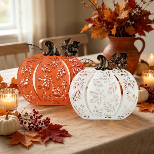 2 Pcs Fall Pumpkins Decor Lighted Metal Pumpkins for Autumn Decoration - Image 6