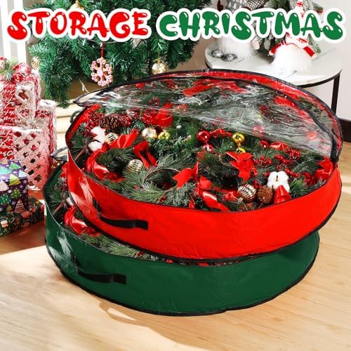 Aliceset 4 Pack Wreath Storage Bags, 36 x 36 x 7.8 Inch, Red, Green - Image 4