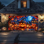 Halloween Garage Door Banner Background Cover 7x16 FT Large Spooky Pumpkin Witch Hat Haunted House Backdrop Hanging Decor for Double Car Garage Door Outside Yard Party Holiday Decorations - Image 3