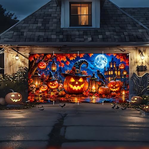 Halloween Garage Door Banner Background Cover 7x16 FT Large Spooky Pumpkin Witch Hat Haunted House Backdrop Hanging Decor for Double Car Garage Door Outside Yard Party Holiday Decorations - Image 3