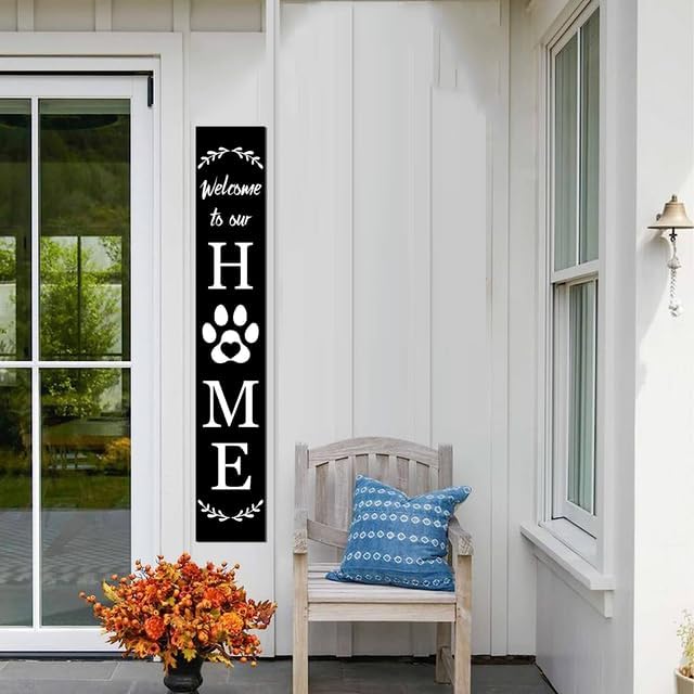 Welcome To Our Home Sign For Front Porch Standing Large Rustic Farmhouse Outdoor Tall Wood Framed Vertical Paw Print Welcome Signs Modern Outside Front Door Wall Decor - Image 5