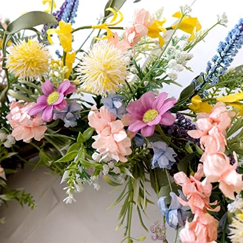 26 Inch Spring Summer Colorful Flower Wreath for Front Door, Forsythia Lavender Wild Flowers Wreath for Home Decor, Colorful Wild Flowers with Green Leaves for Everyday - Image 5