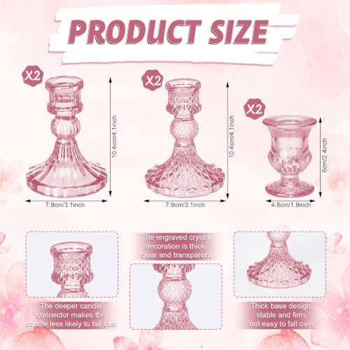 Mumufy 12-piece Blush Pink Glass Candle Holders with Flameless Taper Candle - Image 3