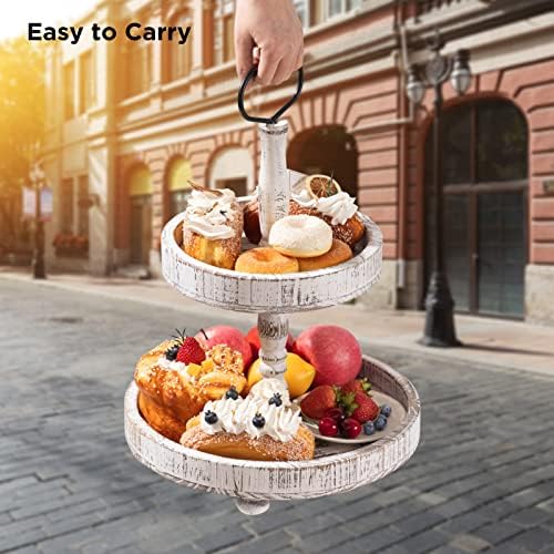 Farmhouse Two Tiered Wooden Tray Stand, UBTKEY 2 Tier Wood Round Decorative Tray with Metal Handle for Home Kitchen Seasonal Holiday Decorations, 17"x13" (Distressed White) - Image 5