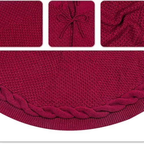 48 Inch Dark Red Knitted Christmas Maroon Tree Skirt， Large Xmas Tree Skirts Round Base Skirt for Holiday Party Decoration Ornament Supplies，for 6-8FT Tree Christmas Treer Burgundy Tree Skirt (48in) - Image 4