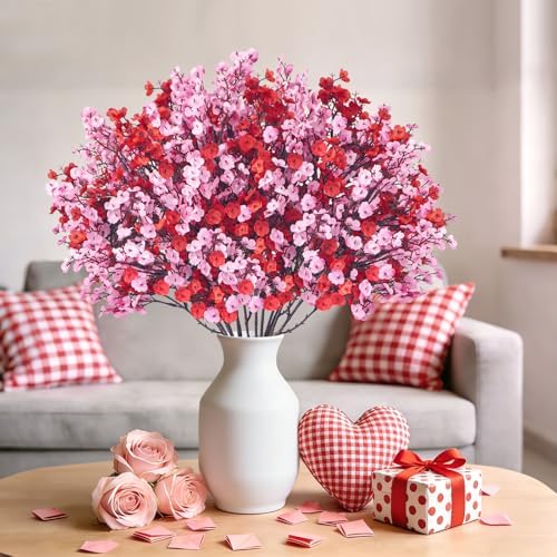 Uieke 30 Pcs Valentine’s Day Artificial Baby’s Breath Flowers, Red Pink Faux Gypsophila Bouquets Real Touch Silk Fake Flowers for Romantic Wedding, Anniversary, Party, Home Table Centerpiece Décor - Image 5