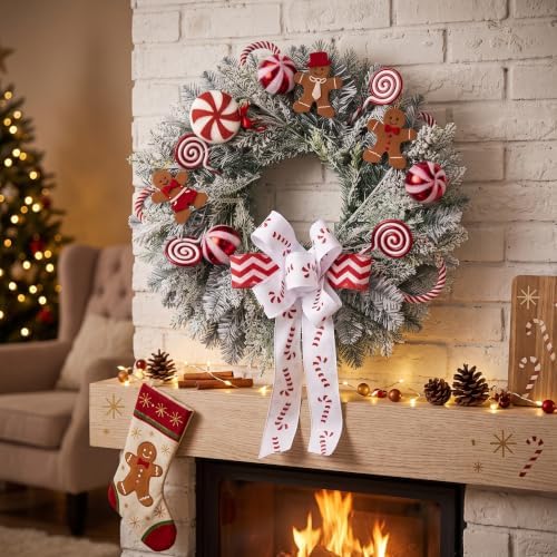 Winter Christmas Wreath Candy Cane Gingerbread for Front Door, 18" Christmas Red White Xmas Indoor Outdoor Wreath, Holiday Wreaths for Window Wall - Image 4