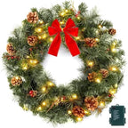 24 Inch Prelit Christmas Wreath for Front Door, Battery Operated LED Light Christmas Wreath with Bow and Pine Cones, Lighted Wreath Wall Windows Decoration by Brightown