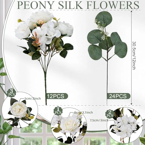 12 Bundles Ivory White Peonies Artificial Flowers for Centerpieces - Image 2