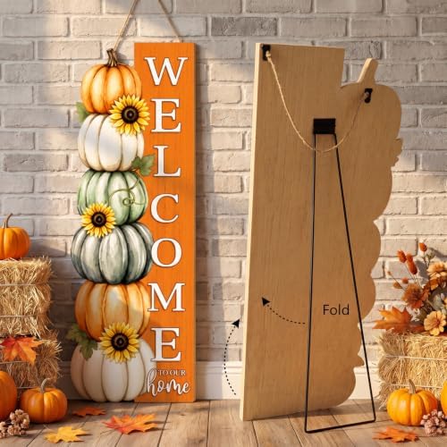 42" Fall Welcome Sign Thanksgiving Pumpkin Decor for Front Door, Wood Farmhouse Outdoor Patio Yard Ornament for Autumn Home Party, Great Gift for Family and Friends - Image 2