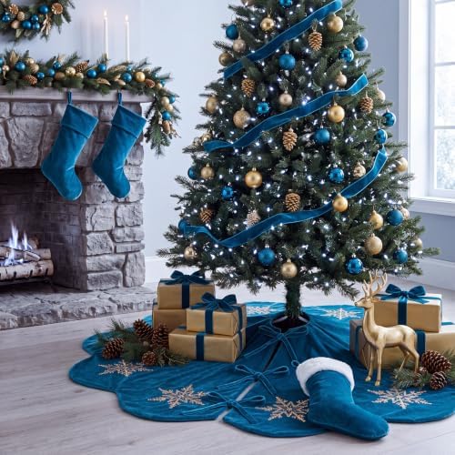 Hollowfly Peacock Blue Velvet Christmas Tree Skirt, Sequin Snowflake 48'' - Image 5
