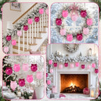 Hollowfly 9 Pcs 4 Inch Pink Glass Christmas Ornaments with Velvet Bow - Image 6