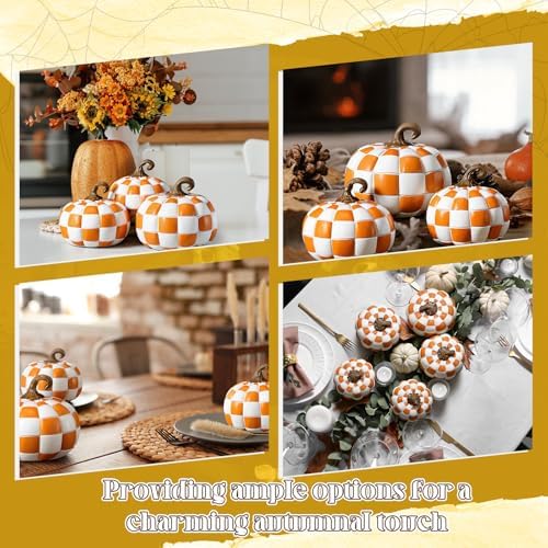 Weysat 3 Pcs Orange and White Fall Pumpkins Resin Checkered Decor - Image 5
