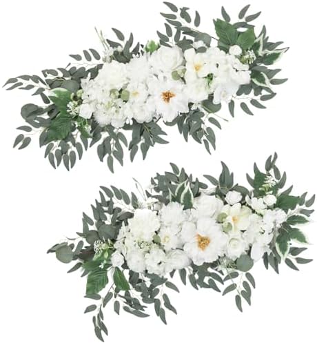 TINGE TIME Flower Garlands, 2 PCS Artificial Eucalyptus Garlands, Handcraft Artificial Rose Garland for Arch Wedding Sweetheart Table Ceremony Backdrop Decorations for Home (IvoryWhite) by TINGETIME