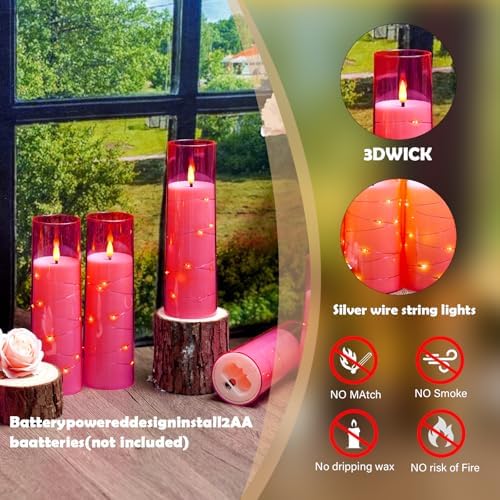 Sasigeiaa Flameless Candles with Embedded Star String - Battery Operated LED Candles, with Remote,12 Pink Flickering Candles for Christmas, Weddings, Home Decor & Party,(D 2.3"×H 5" 6" 7") - Image 3