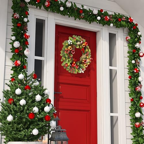 Sggvecsy 17 Inch Artificial Christmas Wreath for Front Door with 20 LED Lights Pine Needles Christmas Balls Red White Berries Pine Cones Bows Decoration for Winter Outdoor Wall Home Holiday Xmas Decor - Image 3