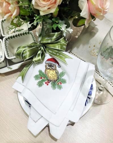 Embroidered Cloth Napkin Owl Christmas Cotton Napkins Set of 6, 20 x 20 Hemstitch Table Napkins, Machine Washable, for Daily & Holiday Dining, Great Gift Ideas - Image 6