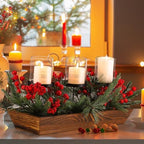 3 Pillar Christmas Table Centerpiece Christmas Candle Holder Artificial Red Berries Pine Cones with Steal Base Frosted Berry Arrangement for Home Decor - Image 3