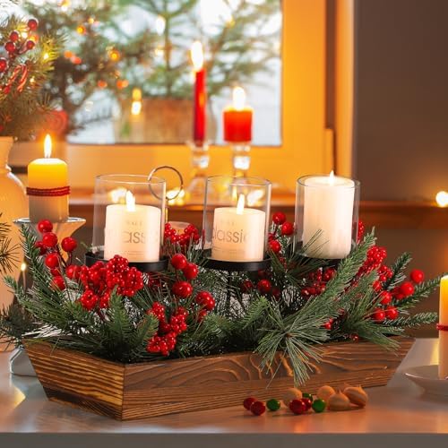 3 Pillar Christmas Table Centerpiece Christmas Candle Holder Artificial Red Berries Pine Cones with Steal Base Frosted Berry Arrangement for Home Decor - Image 3