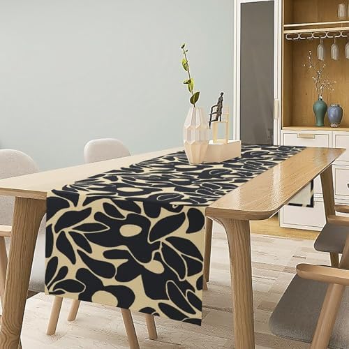 Black Floral Table Runner,Mid Century Abstract Vintage Boho Flower Black and Grey Art 70s Table Runners for Home Kitchen Dining Table Decoration 13x120in - Image 2