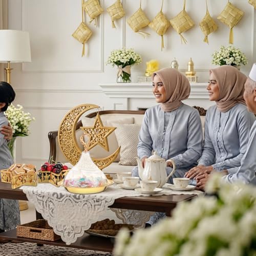 3 Pcs Ramadan Serving Trays Decoration, 1 Gold Round Tray with Acrylic Dome & 2 Star Shaped Trays, Eid Mubarak Metal Plate Dish for Dessert Display Holder Islam Muslim Home Party Table Decor - Image 6
