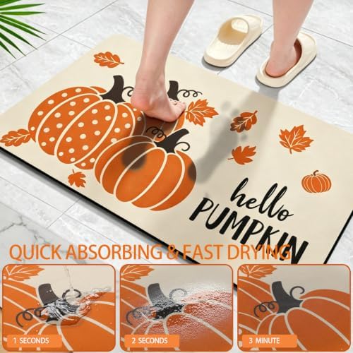 3Pcs Hello Fall Pumpkin Non‑Slip Doormat Maple Leaf Seasonal Kitchen Mats | Diatomaceous Earth Harvest Floor Rugs, 16x28 16x47 Inch for Front Door Entryway Indoor Patio, Farmhouse Home Decor - Image 5