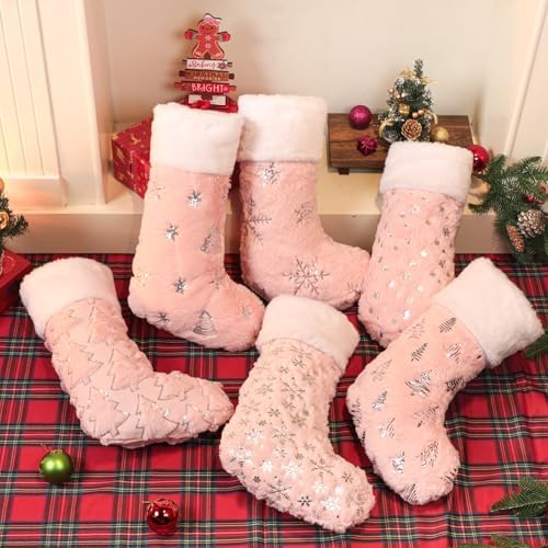 Pink Christmas Stockings Set of 6 - Lage Elegant Faux Fur Xmas Stockings with Silver Christmas Tree Snowflake Designs, Pink Christmas Decoration for Holiday Party Home - Image 2
