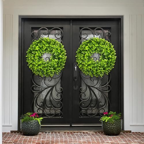 22“ Boxwood Wreath for Front Door,Spring ，Summer All Season Wreaths, Farmhouse Door Wreath Outdoor Indoor for All Seasons Decor - Image 5