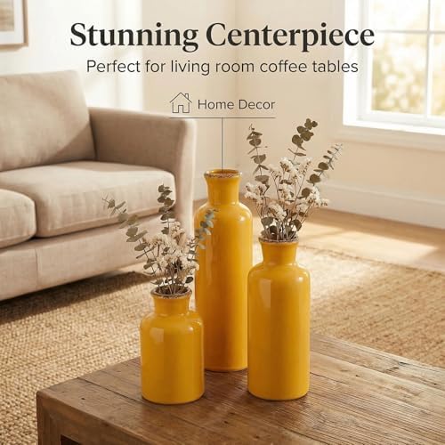 CwlwGO- Yellow Ceramic Vase Set,Modern Decorative Vases for Home Decor, Kitchen&Living Room Table Décor,Fireplace & Entrance centerpieces Decorations. - Image 5