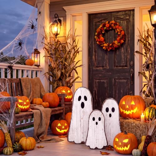 Vercraft 3 Pcs Halloween Outdoor Decorations Ghost Wooden Porch Signs Halloween Yard Decor Welcome Front Door Standing Sign Farmhouse Standing Block for Home Outdoor Display, 15.7, 19.7, 23.6'' - Image 5