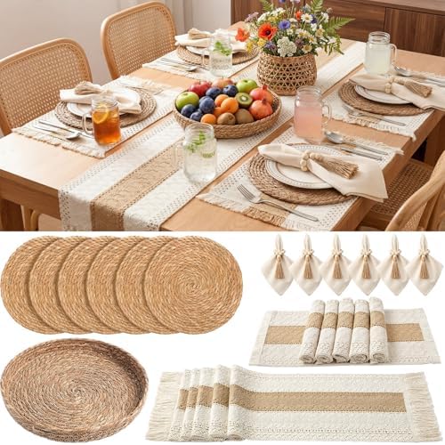 4 Sets Boho Kitchen Decor,Table Setting Decor with Round Woven,Rectangular Boho,Wooden Bead Napkin Rings,Cloth Napkins,Table Runner & Storage Basket,Natural Burlap Cotton for Kitchen Dining Table Home by DKALIO