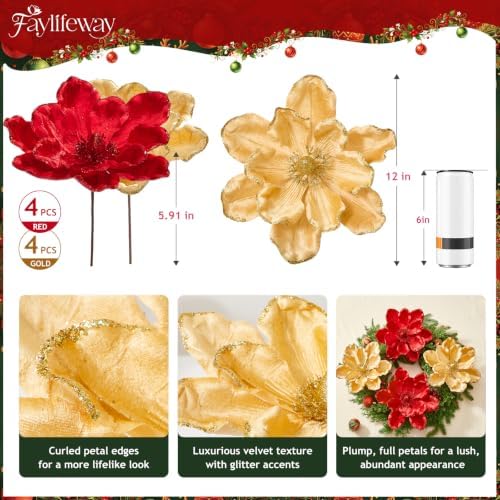 8PCS Large Christmas Magnolia Flowers for Christmas Tree Wreath - Image 2