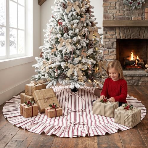 JOVIPOP Christmas Tree Skirt, 48 Inch Red and White Striped Ruffle - Image 6