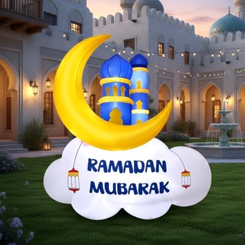 Gemscream 5.9FT Ramadan Inflatable Outdoor Decorations Moon Eid Mubarak Inflatables Blow up Muslim Holy Celebration Decor with LED Lights Muslim Islamic Blow up for Holidays Yard(Blue Stylish) by Gemscream