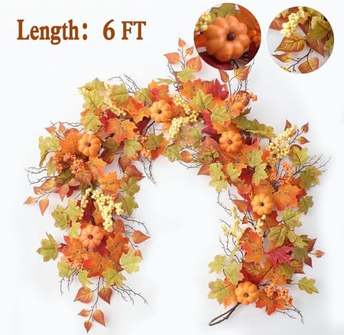 MIZII Fall Decor Artificial Maple Leaf Pumpkin Garland 6FT Fake Autumn Vines Garland Thanksgiving Halloween Harvest Decorations for Porch Mantle Table Centerpieces Fireplace Farmhouse (Yellow PK) - Image 2