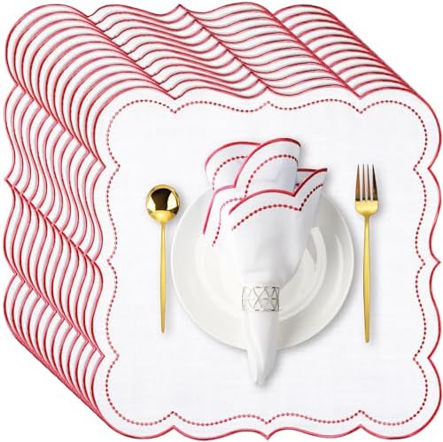 Hahafelt 12 Set Scalloped Cloth Napkins, Embroidery Polyester, Red by Hahafelt
