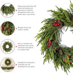 Glitzhome 24 Inch Christmas Wreaths for Front Door, Artificial Greenery Wreath with Pine Cones and Red Berries for Windows, Walls, Porches, Indoor and Outdoor Home Decoration - Image 4